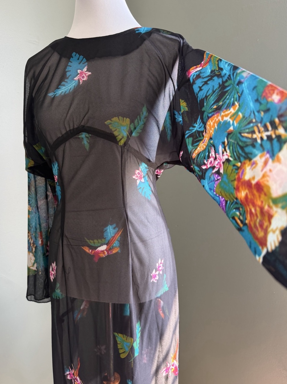 Vintage One Of A Kind Sheer Floral Maxi Dress Birds Animals Size 14